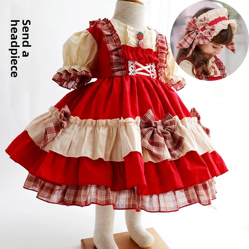 Red Plaid Kids Little Red Riding Hood Lolita Dress Puff Sleeve Ruffle Skirt Bow‑knot Lace Headband Children Cosplay Costume Set