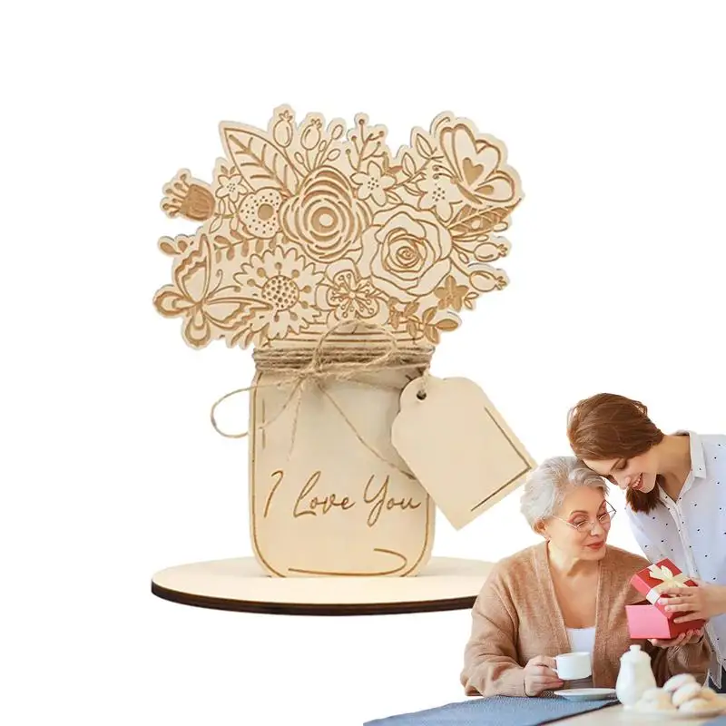 Tarjeta de cumpleaños para mamá, ramo de flores, tarjetas de felicitación de mamá, estilo rústico, artesanía de madera DIY para aniversario, Navidad, cumpleaños de mamá