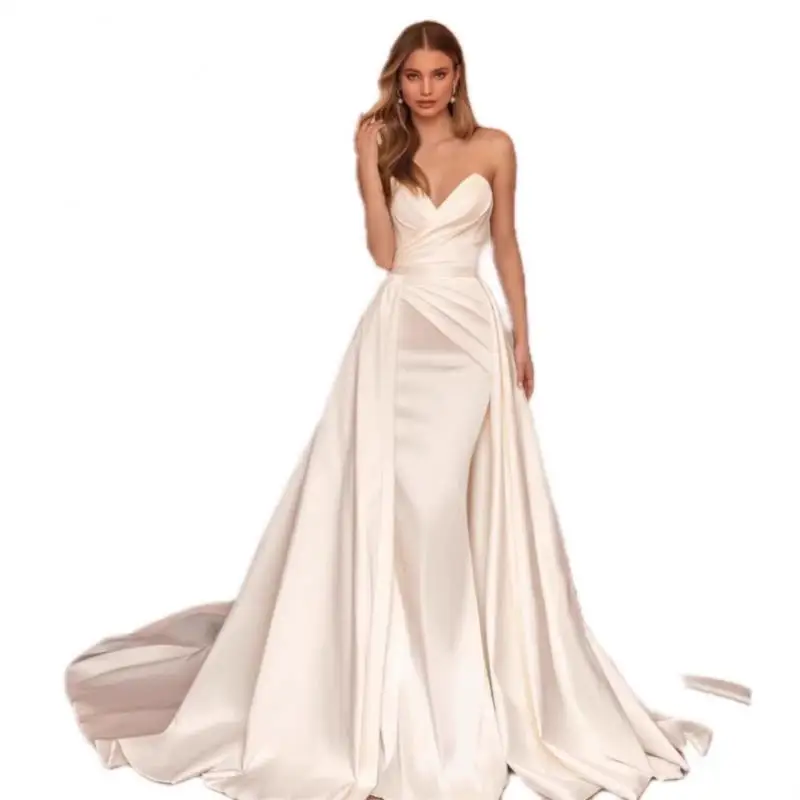 탈부착 가능한 트레인 연회 드레스가 있는 끈이 없는 심플한 인어 스커트가 있는 프렌치 새틴 웨딩 드레스 맞춤 제작