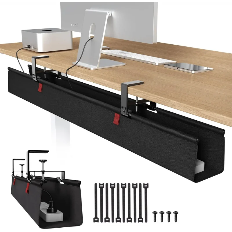 No Drill Under Desk Management Tray, 48 Cord Organizer Table, Clamp/Screw Mount Desk Management, Premium Fabric