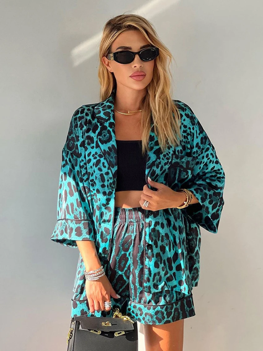 Marthaqiqi Leopard Print Women Pajama Suit Three Quarter Sleeve Sleepwear Turn-Down Collar Nightwear Shorts Femme Nightgowns Set