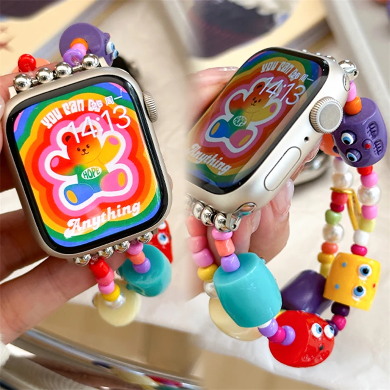 Lovely Cartoon Monster Bead Strap For Apple Watch 9 8 7 6 5 4 3 2 SE Ultra Cute Elastic Band For iWatch 41mm 49 45 42 40 38mm