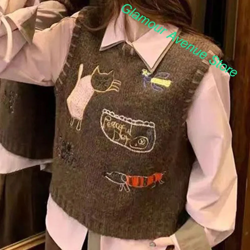 American coffee cartoon embroidery knitted vest women's autumn and winter new college style stacked wear casual Joker sweater