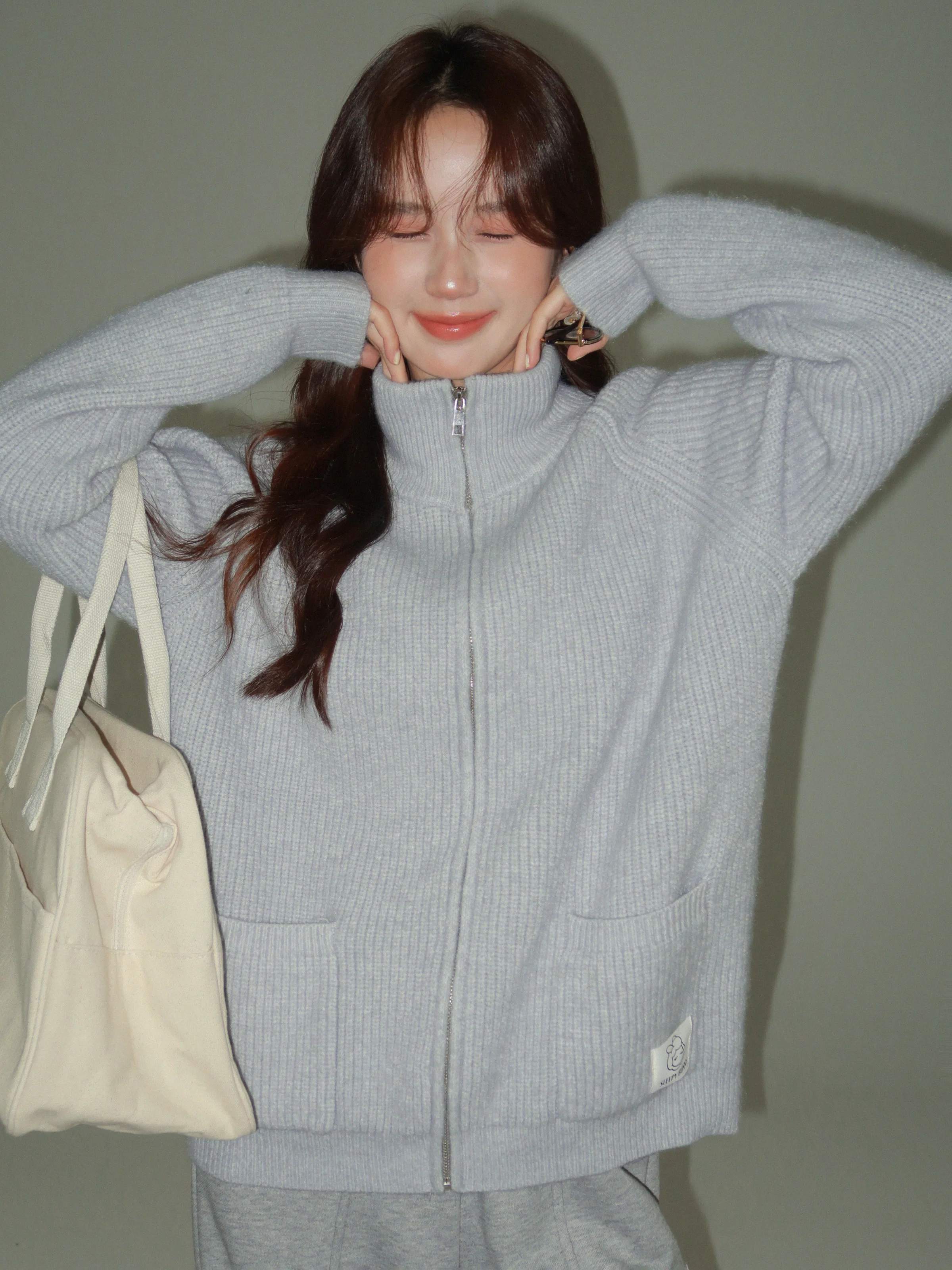 Casual Loose Sweater Zipper Knit Cardigan Spring Stand Collar Raglan Jacket for Women Fashionable Comfortable Layering Outfit