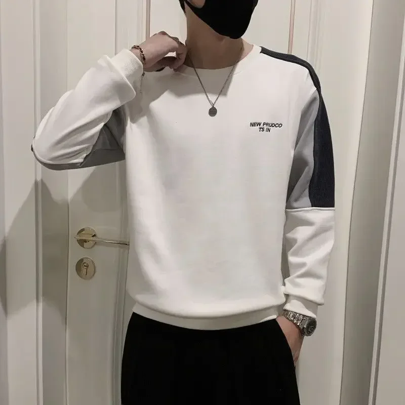 Tops Pullover Round Neck T Shirts for Men Spliced Male Clothes Baggy Embroidery Full Sleeve Fashion Trends 2024 Korean Autumn It image 3