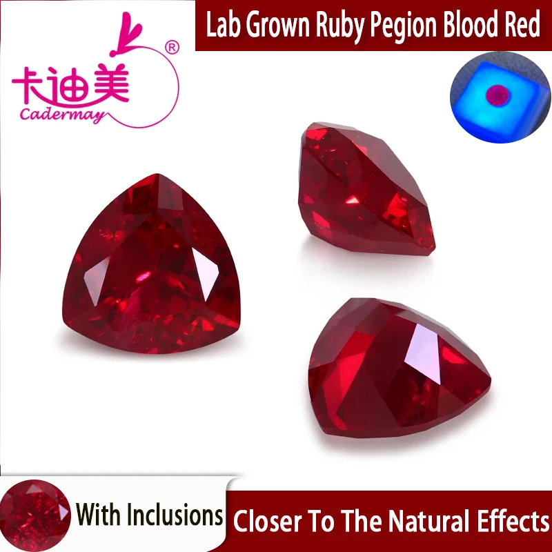 

CADERMAY Trillion Cut Lab Grown Pegion Blood Red Рубин Свободные камни с включением для колец Ожерелье Индивидуальные умные ювелирные изделия