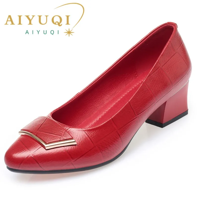 AIYUQI Dress Shoes Women Genuine Leather Large Size 41 42 Mid Heel Women Spring Shoes Fashion Red Office Work Shoes Women