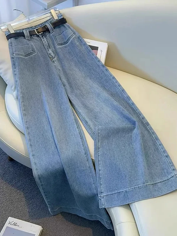 Light Wash Wide Leg Jeans Women's High Waist Loose Straight Cut Draping Pants Autumn Season Ladies Soft Denim Non-Stretch