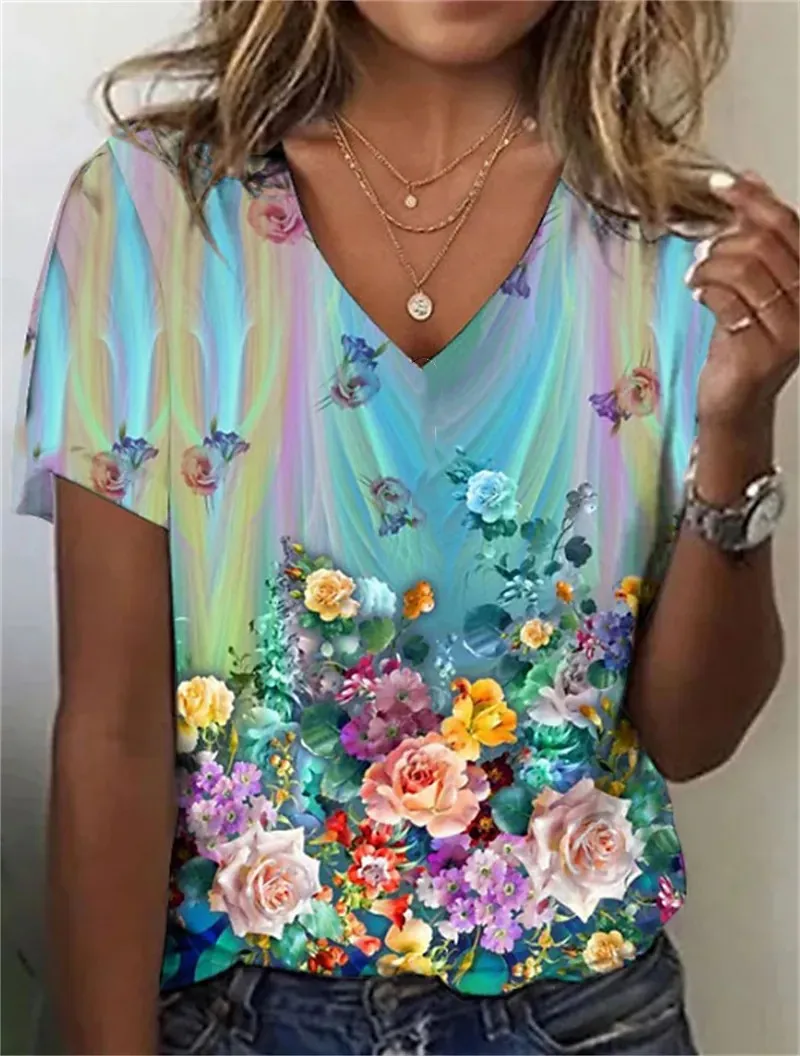 2024 new Fashion T-Shirt Women\'s Floral Print Y2k Casual V-Neck Short Sleeve Tees Loose Retro Versatile Female Clothing Top