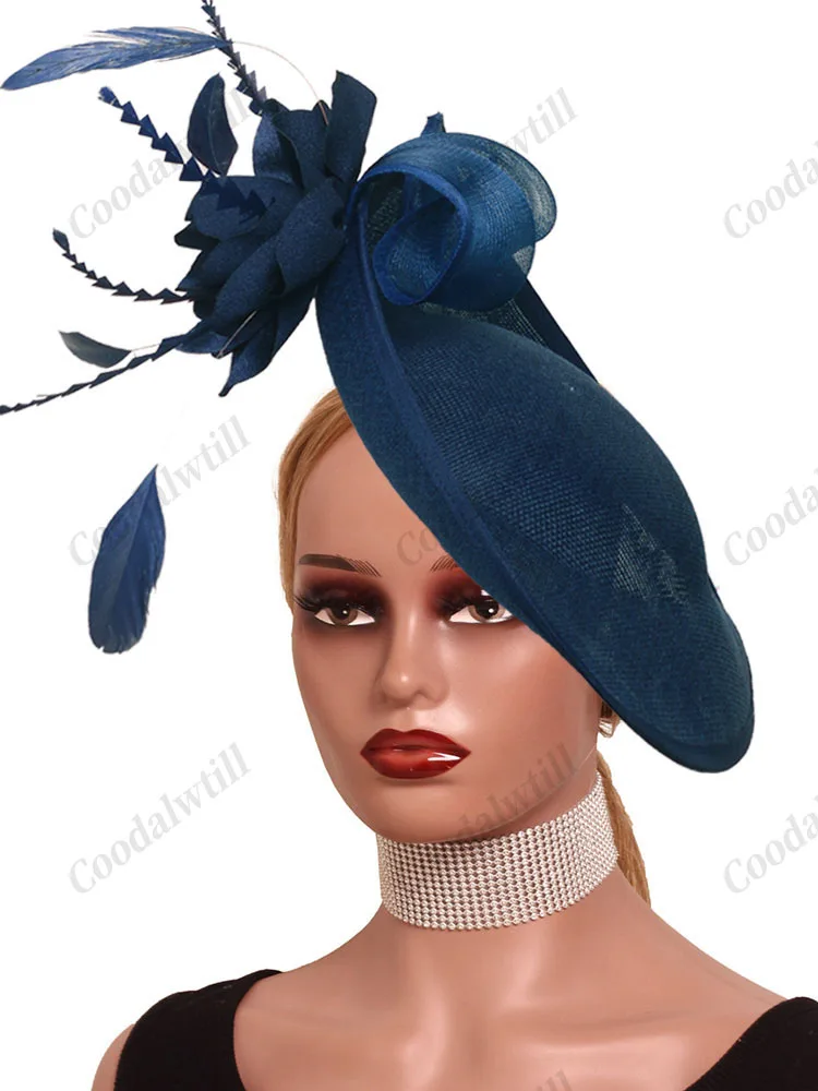 

Элегантная цветочная темно-синяя шляпа-волшебник, свадебные головные уборы для невесты, женские дерби, королевский аскот, аксессуары для волос для платья, вечерние шапки