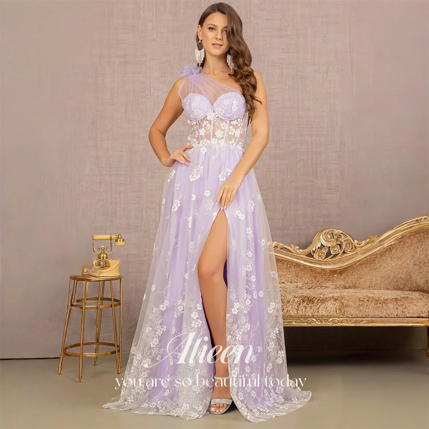 

Вечернее платье женское европейское фиолетовое из фатина на одно плечо А-силуэта с цветами, без рукавов, в пол, 2026, на заказ