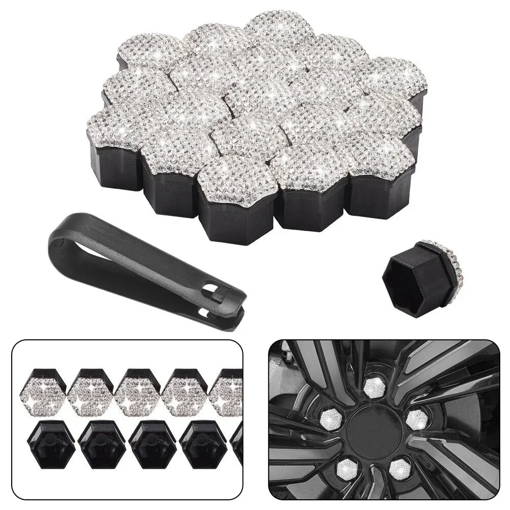 White Rhinestone 20Pcs/set 17mm Wheel Lug Nut Covers Bolt Cap Diamond Inlay Car Tire Nut Protection Covers Anti-Rust Cap