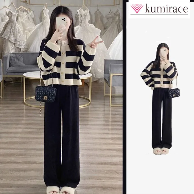 Autumn Set, Women's Small Fragrant Style, Western-style High-end Feeling, Knitted Sweater, Casual Wide Leg Pants, Two-piece Set