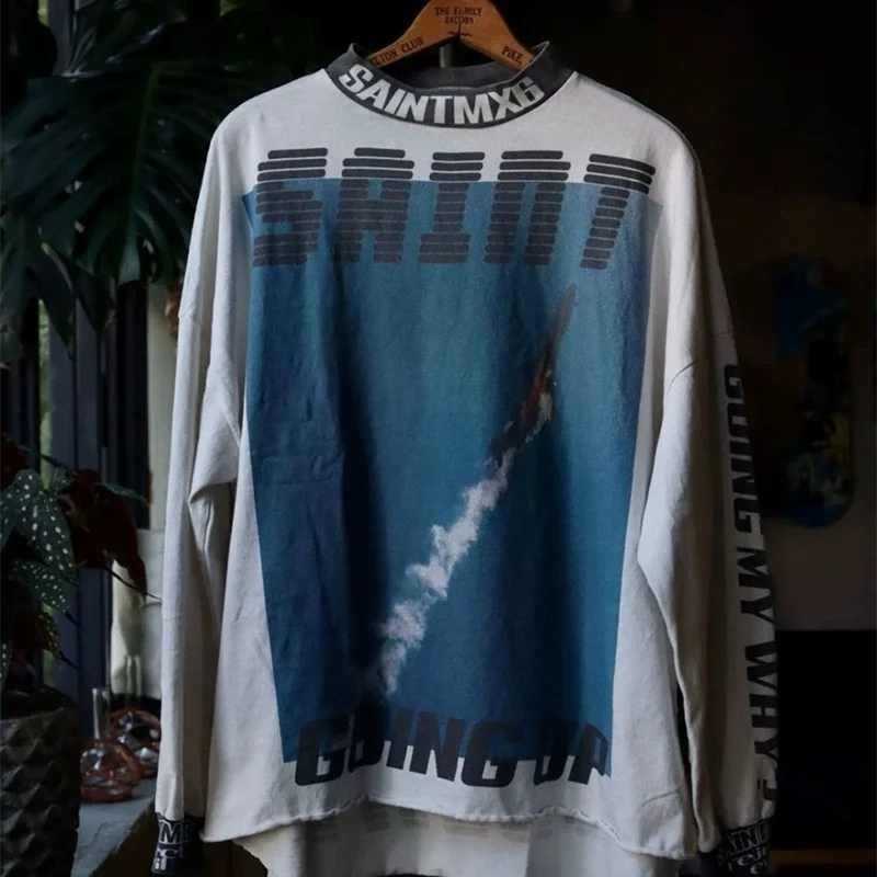 24ss Man Woman Loose Fashion T-Shirt Long Sleeve Vintage Collar Letter Splicing T Shirt High Street