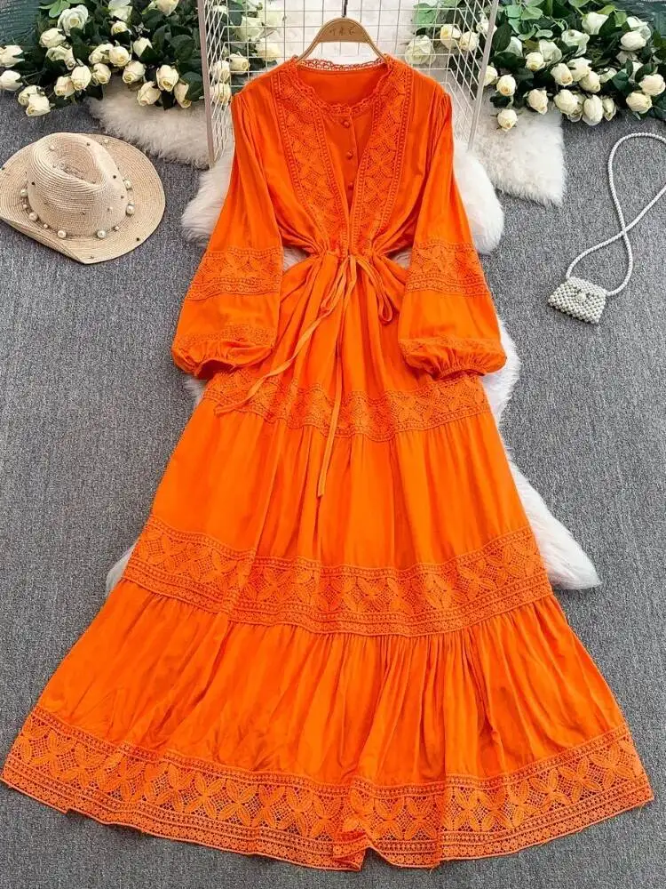 Mulheres francês rendas retalhos vestido primavera verão em torno do pescoço manga comprida vestidos vintage abotoado cordão em camadas robe