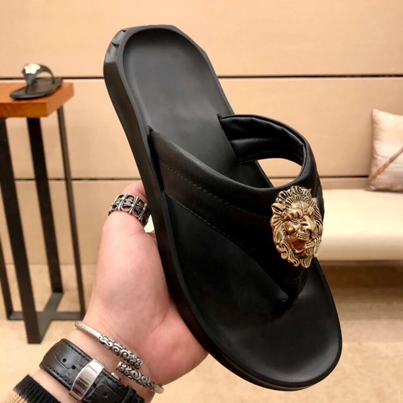 

New men's beach shoes flip-flops brand designer leather outside wear sandals head layer cowhide