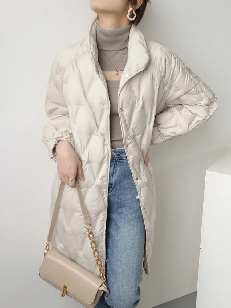 Women Winter Stand Collar Light Weight Long Down Jacket Vintage Loose Fit Belted Overcoat Rhombus Oversized White Duck Down Coat