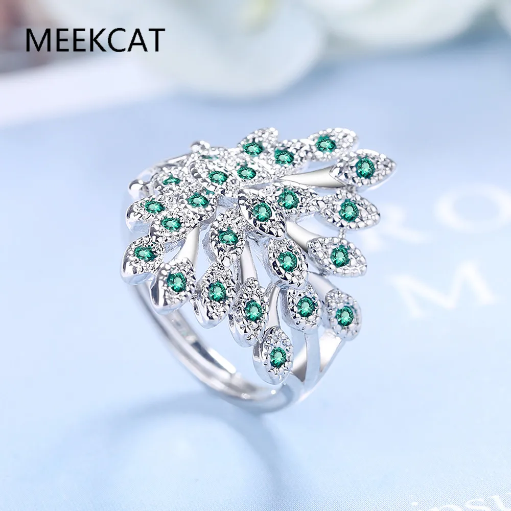 Princess Diana Simulated Green Emerald Created Red Ruby Halo Engagement Ring 925 Sterling Silver Peacock Ring for Women