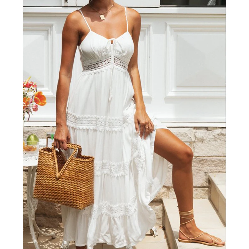 Women's Summer Patchwork Long Dress Lace Party Dance Wear Slim Beach Sexy Sundress Boho Backless Maxi Dresses Ladies Vestidos