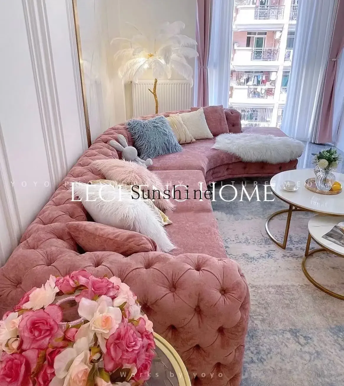 YFrench cream wind pink sofa light luxury pull buckle corner, small apartment living room arc combination