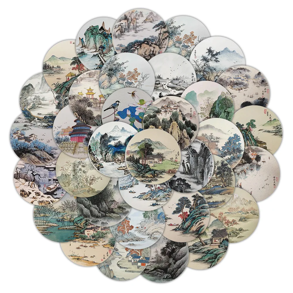 60 Sheets Ancient Chinese Ink Wash Landscape Stickers, DIY Decorative Stickers for Journaling, Phone Case and Craft Decoration