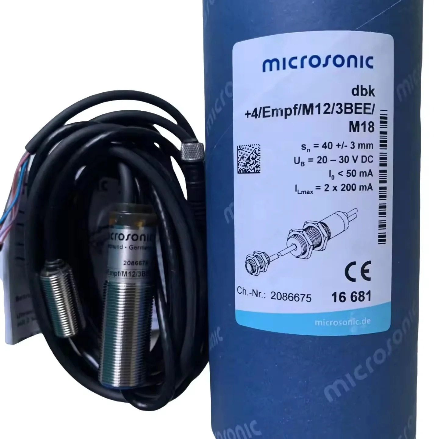 

dbk+4 ultrasonic double-sheet control cylindrical M12 with a swapped-out ultrasonic transducer dbk+4/M12/3BEE/M18 by Microsonic