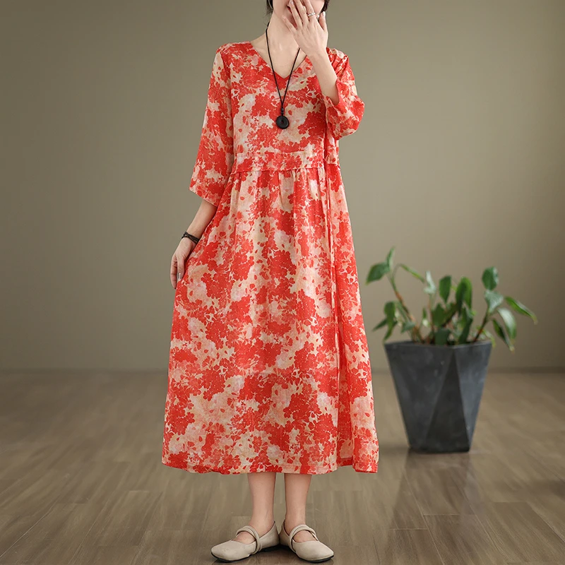 فستان نسائي صيفي بخصر مرتفع وحزام، مصنوع من القطن والكتان، تصميم كلاسيكي أنيق وبسيط برقبة على شكل V، تنورة متوسطة الطول واسعة