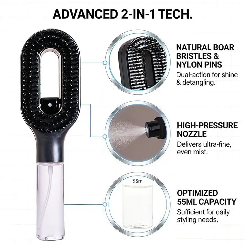 [ZY]Detangling Spray Hair Brush With Soft Anti Static Bristles And Refillable Tank Perfect For Daily Hair Styling Home Travel