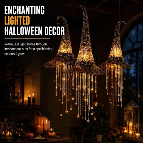 Vintage Hollow Out Witch Hat Hanging Chime Led Glowing String Light Star Tassels Spooky Ornament Halloween Holiday Decoration