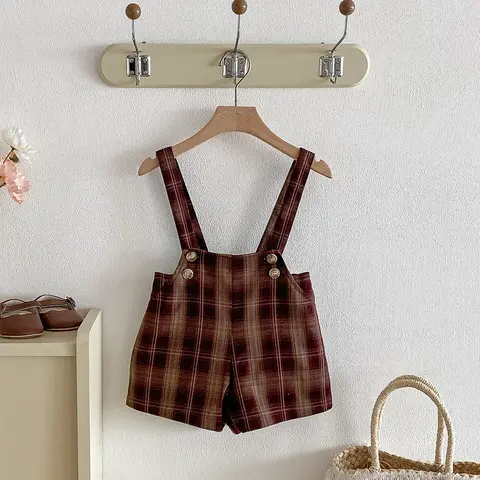 Vintage Plaid Baby Kids Overalls for Boys Girls Elastic Waist Infant Shorts Handsome Little Boys Pants Baby Stuff for 1-6T