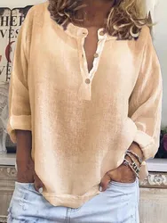 Spring Autumn Solid Casual Loose Long Sleeve Shirt New Fashion Elegant Button O Neck Office Holiday Tops Shirts Womens Clothing