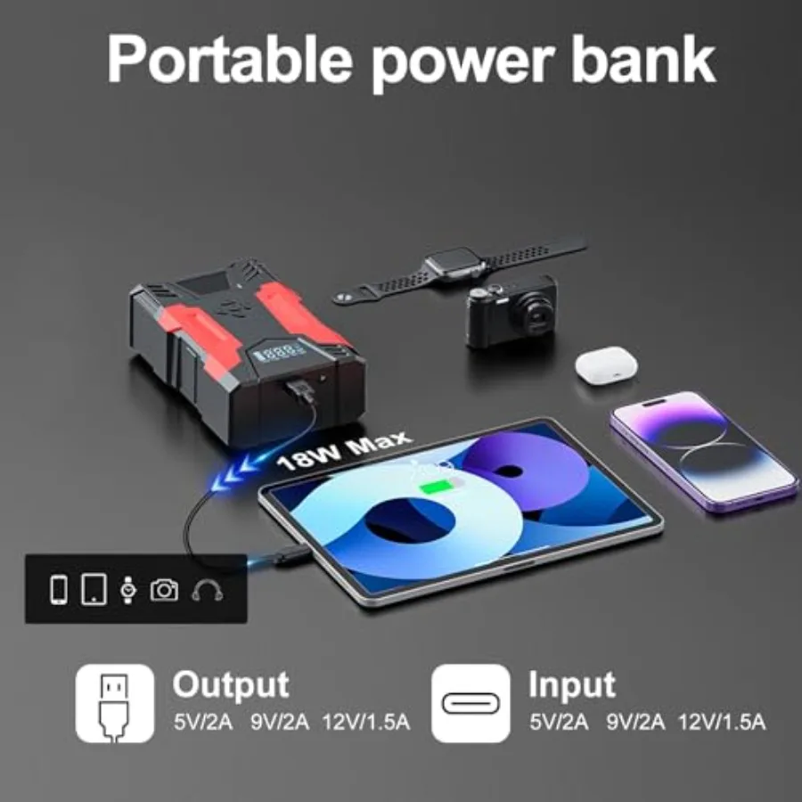 بادئ تشغيل السيارة المحمول مع ضاغط الهواء لتعزيز بطارية السيارة في حالات الطوارئ وتضخم الإطارات 3000A قفز عالي السعة B #5