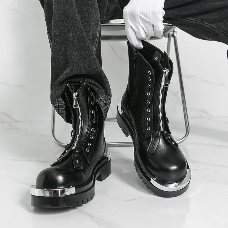 Мужские черные кожаные армейские ботинки с двойной молнией и металлическими заклепками, акцентные повседневные ботинки до середины икры на массивной платформе с острым носком, стильные