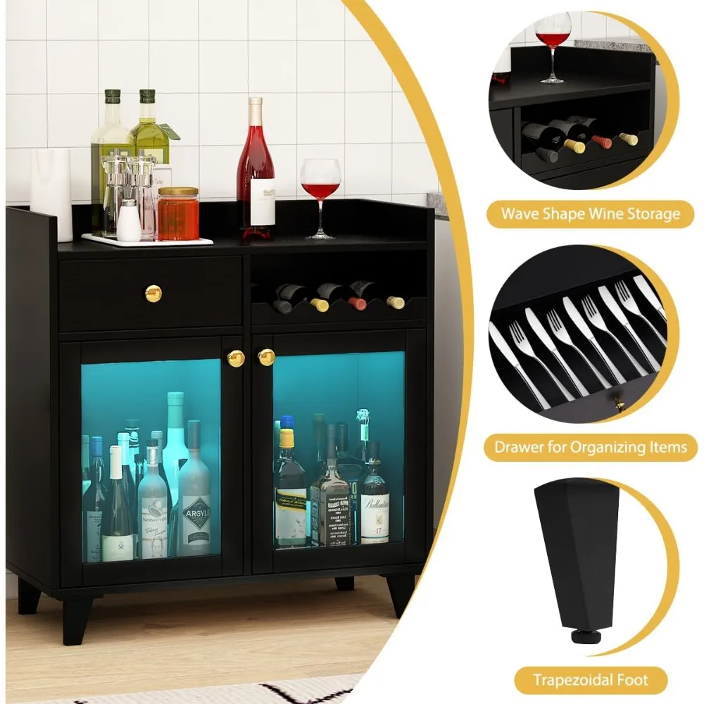 Lemari Anggur Kecil dengan Pintu Kaca, Lemari Bar Minuman Modern dengan Lampu LED untuk Alkohol, Bufet Kopi Bergaya Pedesaan
