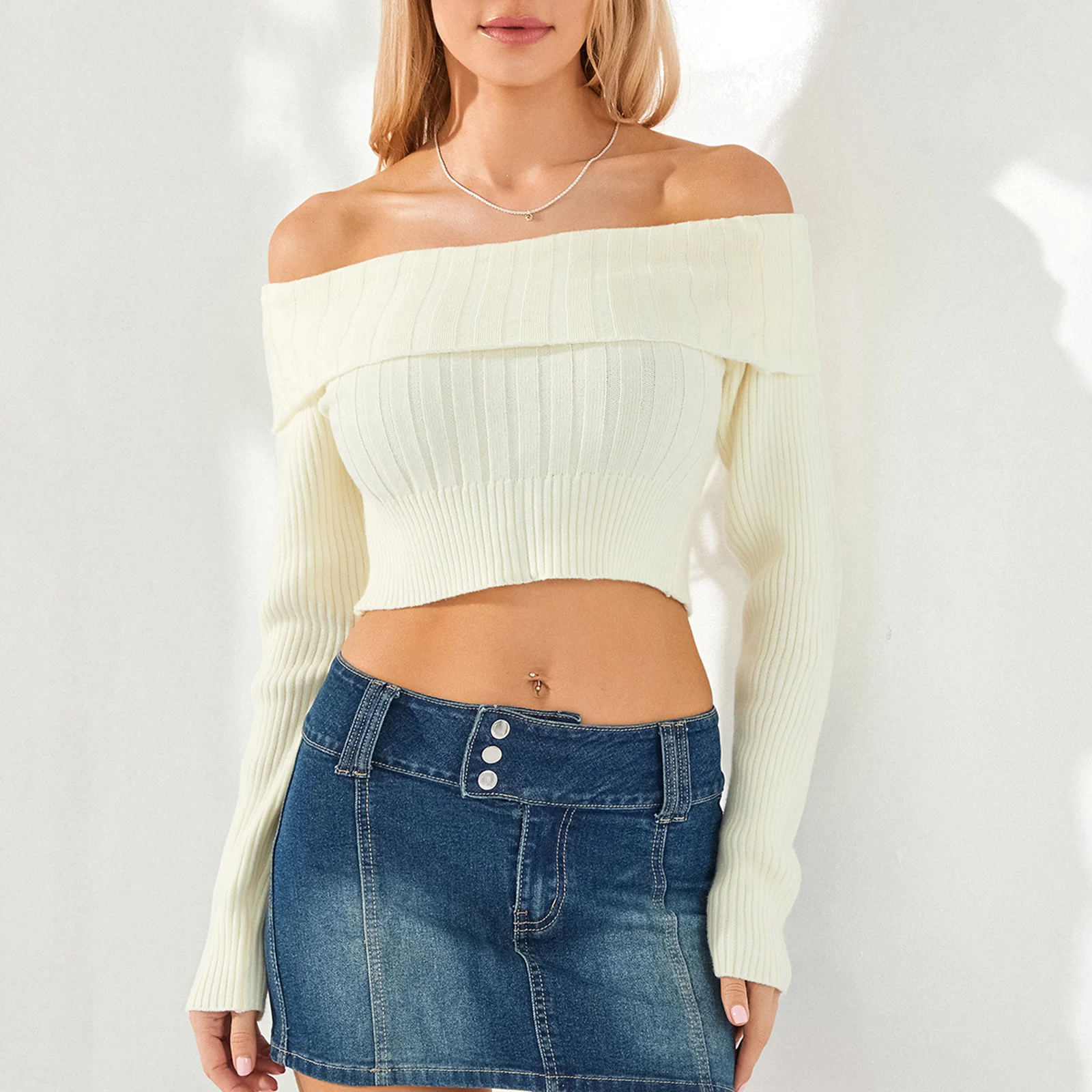 Women's Fashion Knit Crop Tops Solid Color Boat Neck Long Sleeve Off-shoulder Sweater Spring Fall Slim Fit T-Shirts Streetwear