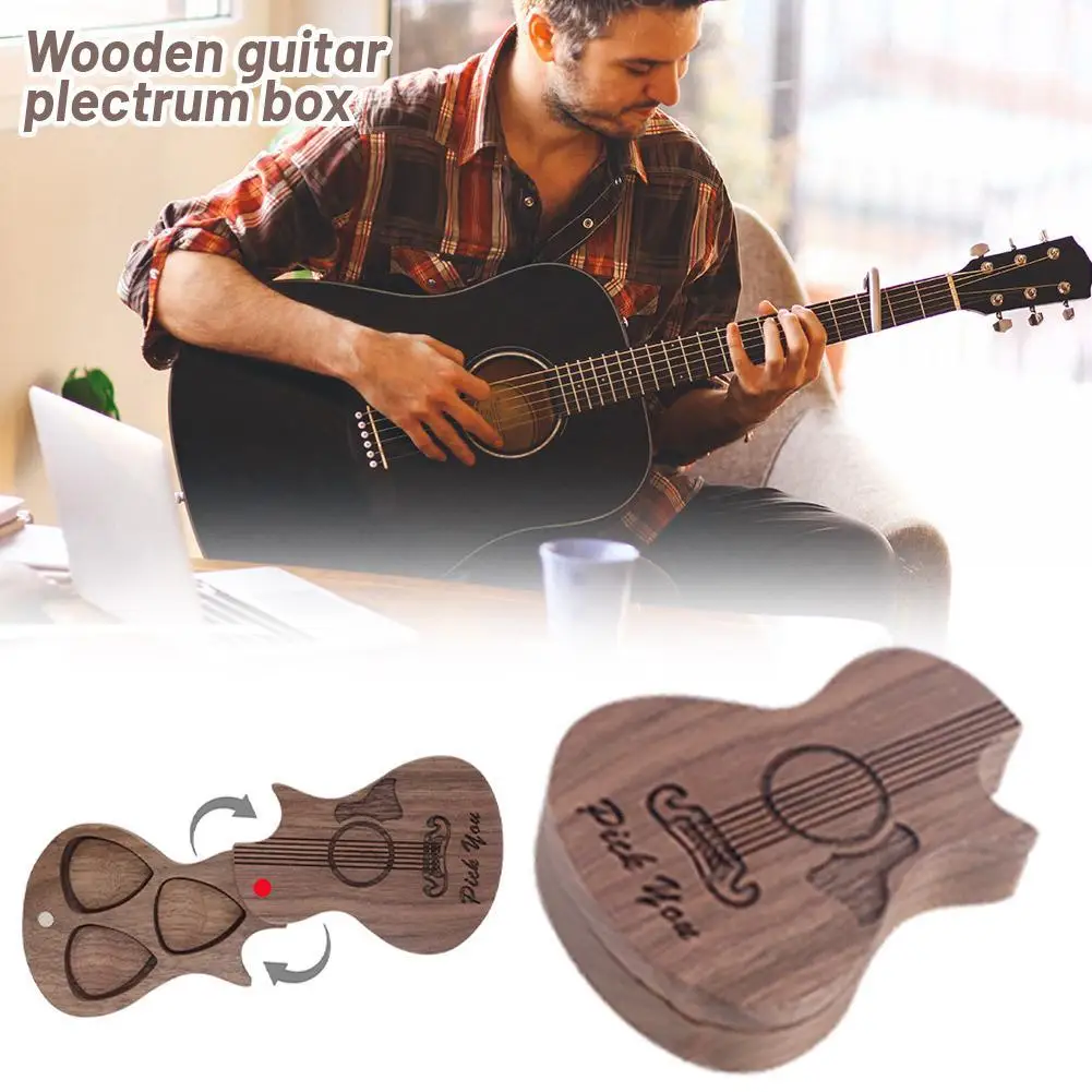 Wooden Collector Engraved Guitar Pick Box 3Pcs Classical Triangle Guitar Picks for Present Music Instrument Guitar Bass