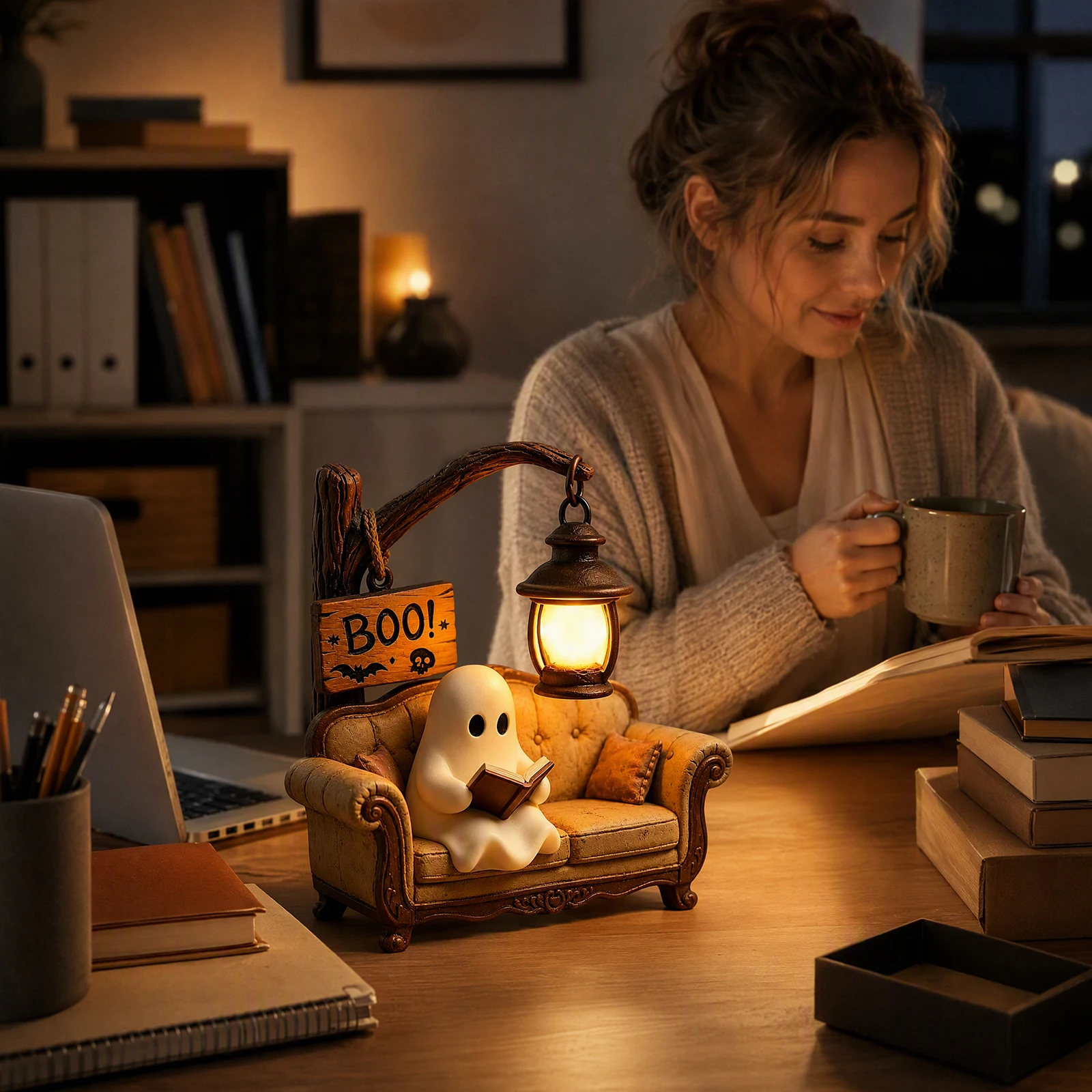 Halloween Ghost Reading Light Resin LED Glowing Night Lamp Indoor Bookshelf Mantle Decoration