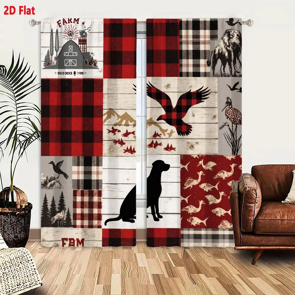 2Pcs Curtains 2D Flat Rustic Farmhouse Patchwork Design with Barn Pine Trees Buffalo Check Bison Eagle Deer Dog Fish Nature Illu