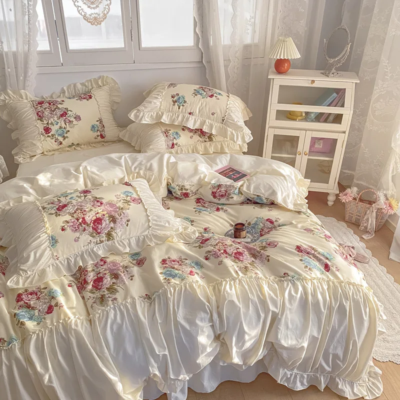 French Romantic Palace Style Bedding Set 100% Cotton Rose Print Linen Set Pleated Ruffles Duvet Cover Bed Sheet Fitted Bed Skirt