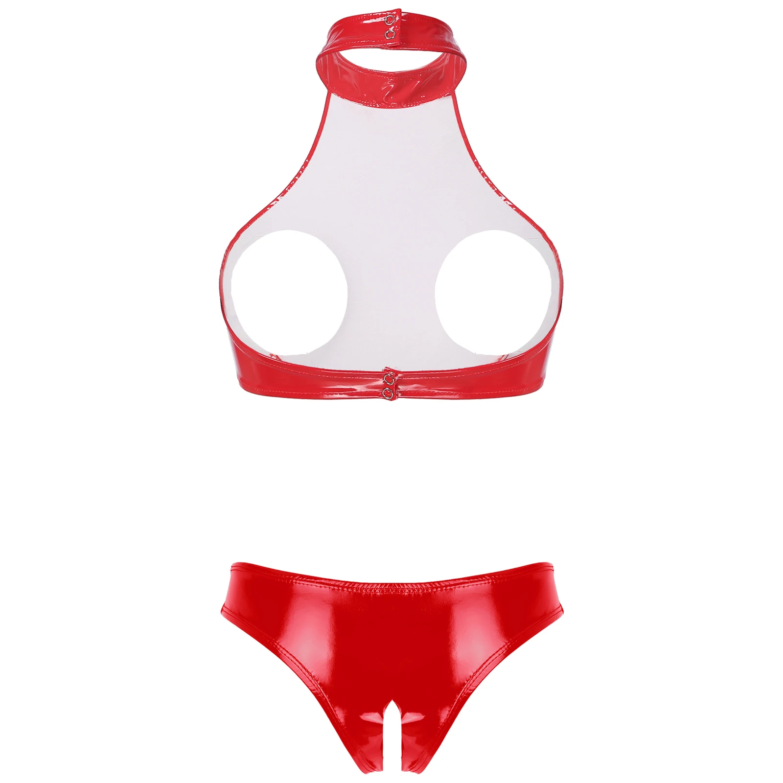 Womens Wet Look Patent Leather Lingerie Underwear Set Halter Open Bust Backless Crop Top with Open Crotch High Cut Briefs
