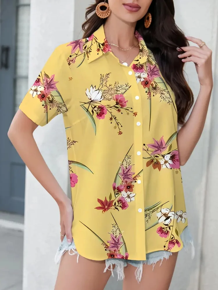 Женские рубашки с короткими рукавами 2025 года с леопардовым принтом из мультфильмов и цветочным принтом для модных и повседневных летних каникул