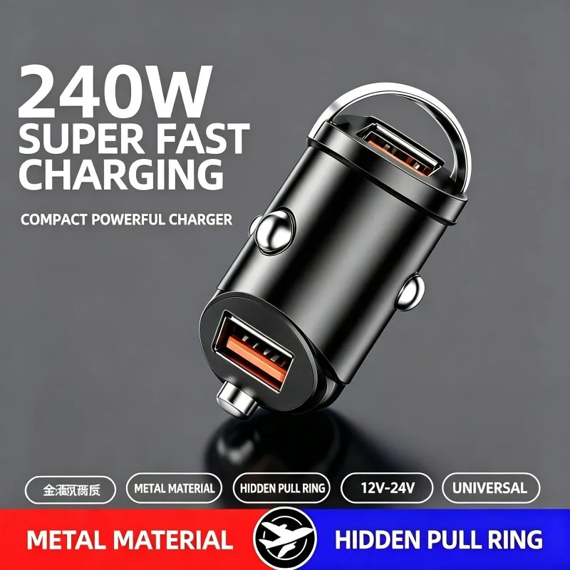 240W Ultra Fast Dual USB Car Charger Mini Hidden All Protocol Zinc Alloy Car Charging Adapter For iOS Android Smartphones