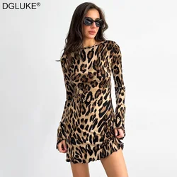 DGLUKE Leopard Print Long Sleeve Dresses For Women Lace-Up Backless Mini Dress Sexy Ruffle Bodycon Short Club Party Dress