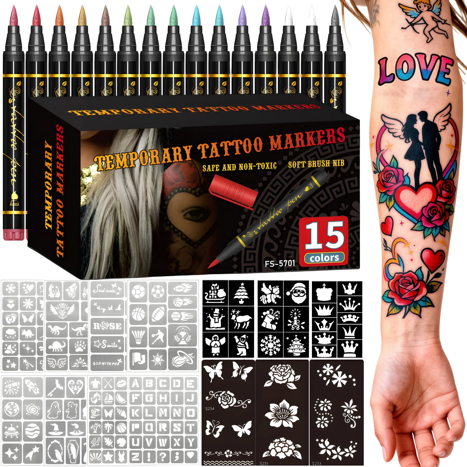 

Temporary Tattoo Markers for Skin,10 Colors Tattoo Pens,Brush Tip,Bright colors,Face Paint Kit Cosmetic Quality,Halloween makeup
