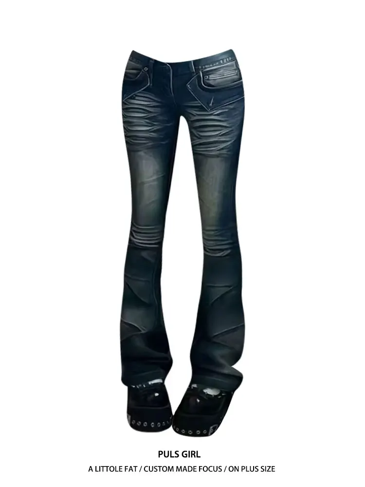 

Retro American Large Size Denim Jeans Women's Slim Fit Embroidered Washed Bell Bottoms Casual Straight Leg Trousers