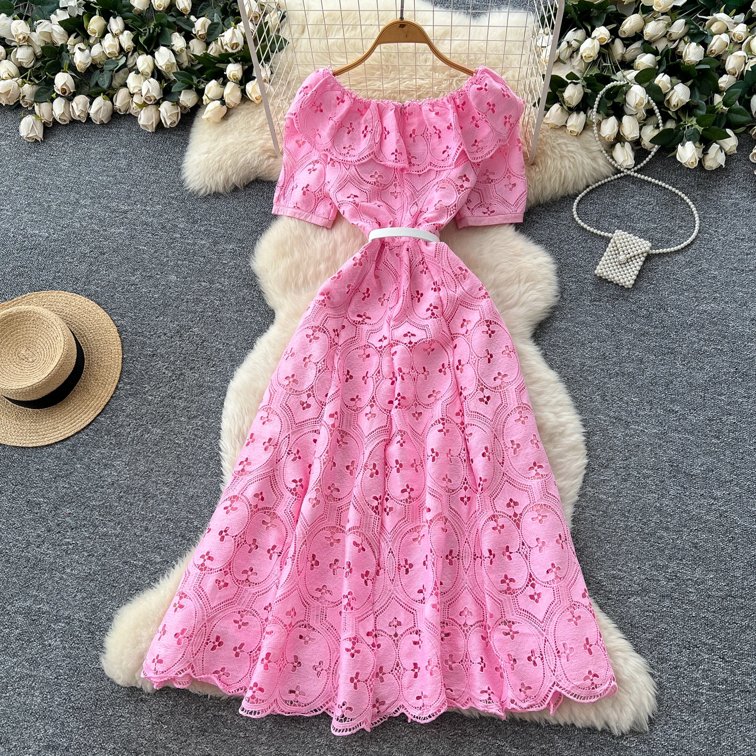 Stickerei Elegantes Kleid Für Frauen O Hals Kurzarm Hohe Taille Cut Out Midi Kleider Weibliche Sommer Kleidung