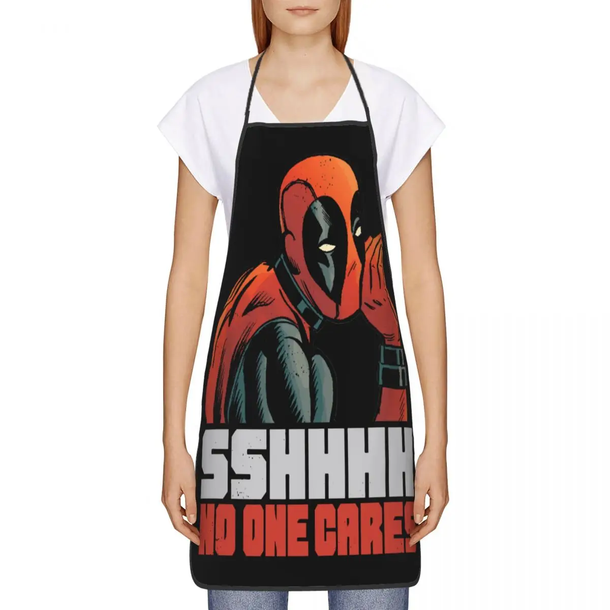 Deadpool SHHH No One Cares Whisper Polyester Aprons 52*72cm Kitchen Grill Bib Tablier Home Cleaning Pinafore for Men Women Chef