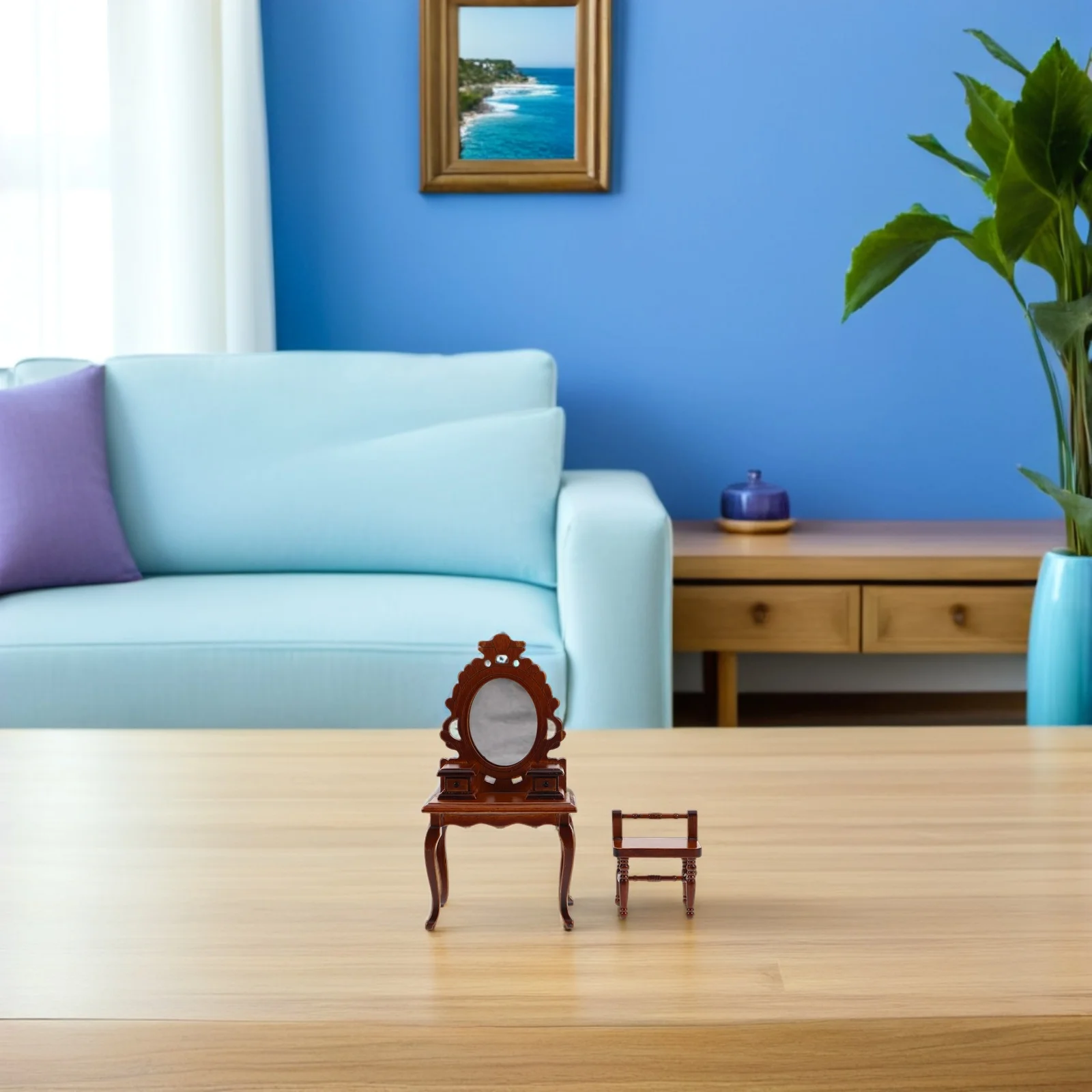 Affascinante tavolo da toeletta e sgabello in legno 1:12 Set di mobili in miniatura vintage per camere da letto di case delle bambole Gioco di ruolo creativo e