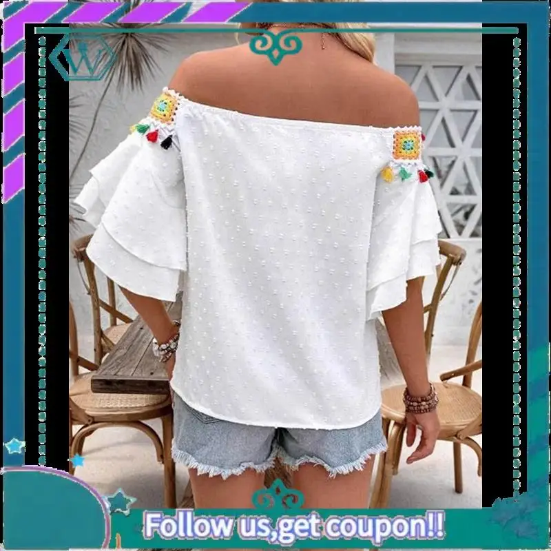 

A09P Womens Off The Shoulder Floral Crochet Tassel Embroidered Tops Vintage Summer Tiered Ruffle Sleeve Shirts