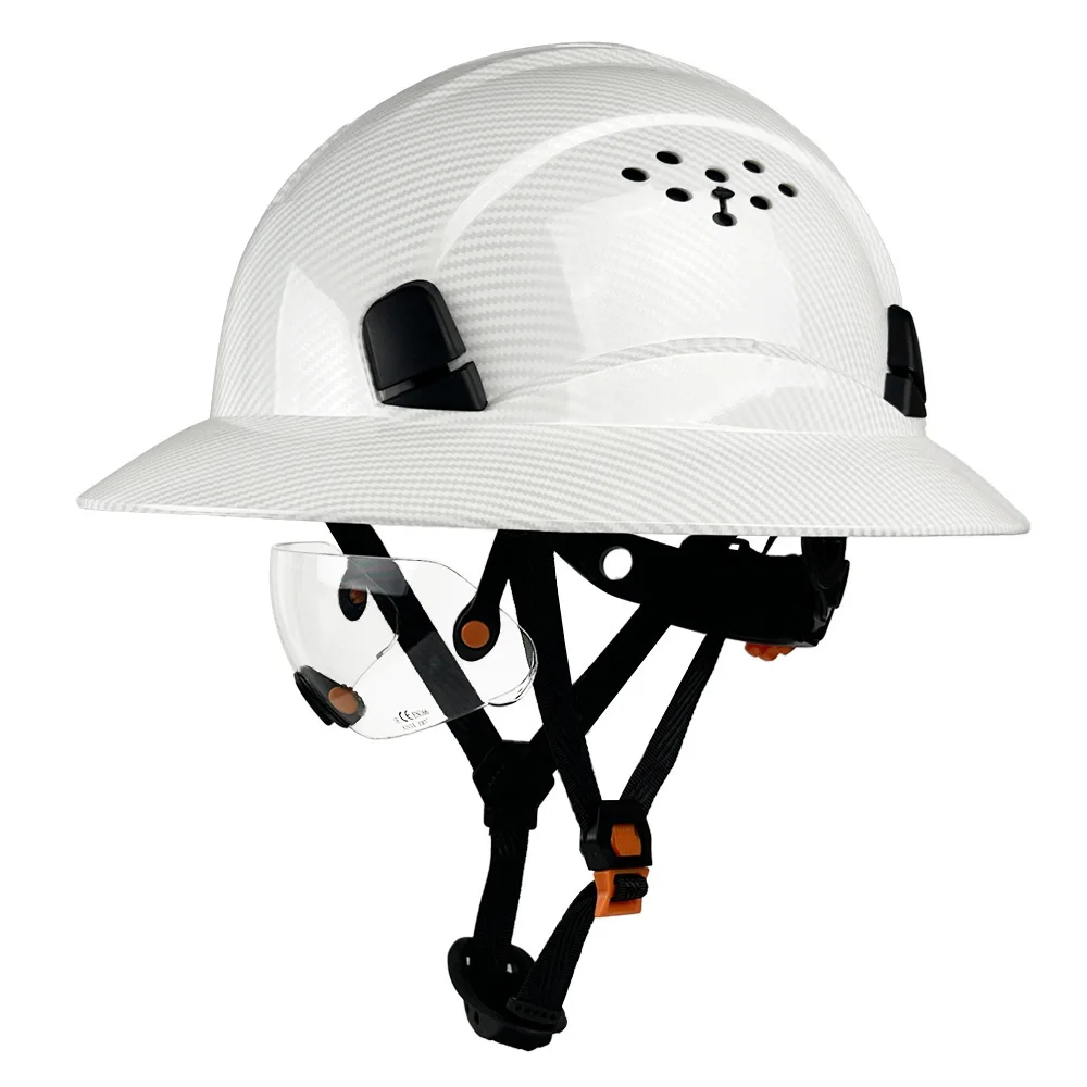 CE ANSI Full Brim Carbon Fiber Hard Hat with Goggles Anti-Collision Breathable Construction Engineer Cap